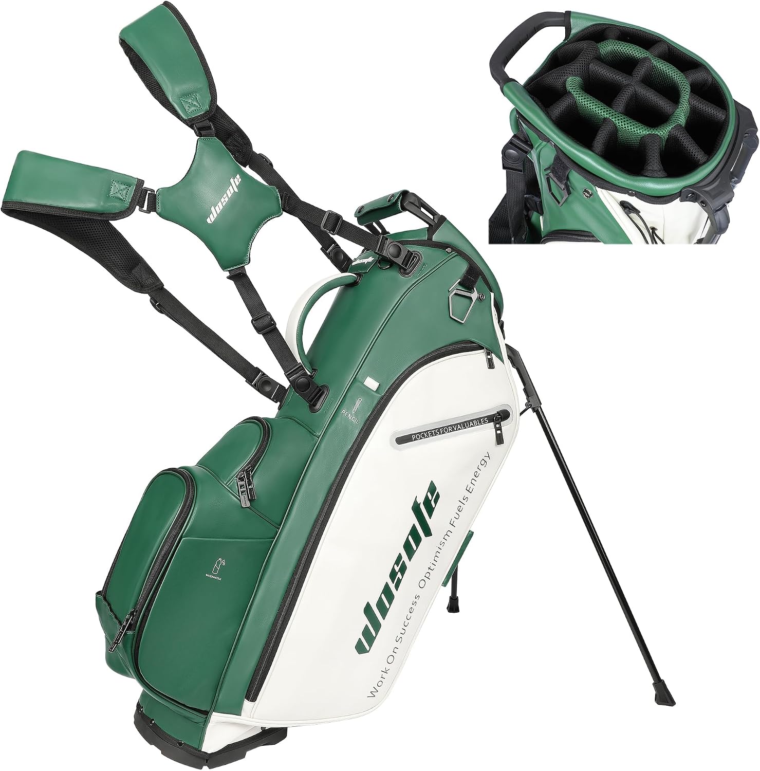 WOSOFE PU Golf Bag with 6/14 Way Top Dividers Automatically Adjustable Dual Straps Elegant Design for Men Women Pu Golf Stand Bag with Multiple Pockets