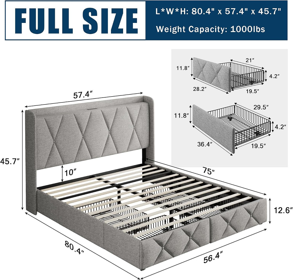 GalnFu Full Size Bed Frame with 4 Storage Drawers, Upholstered Platform Bed with Charging Station, Modern Wingback Storage Headboard, Easy Assembly,Noise-Free, Light Gray