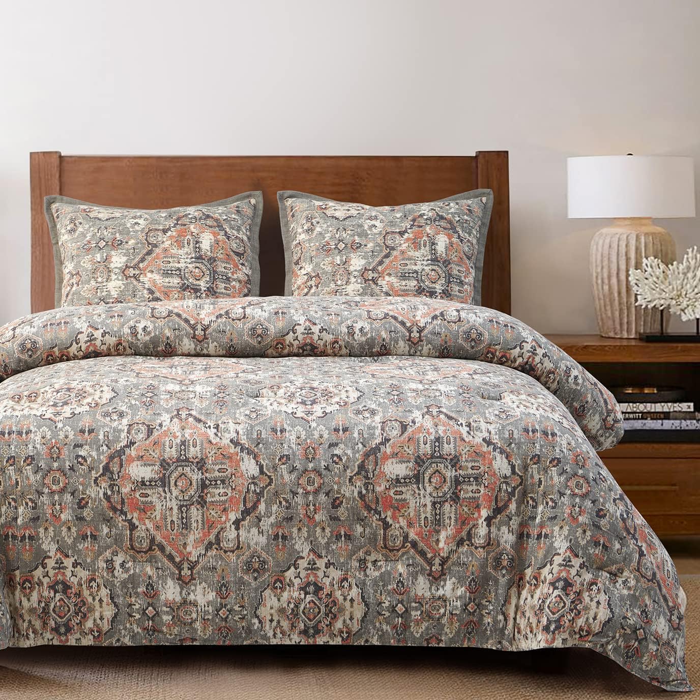 HiEnd Accents Carmen Kilim 2 Piece Comforter Set with Pillow Shams, Gray Medallion Pattern, Twin Size, Classic Traditional Modern Rustic Bedding Set, Linen Comforter with 1 Pillowcase