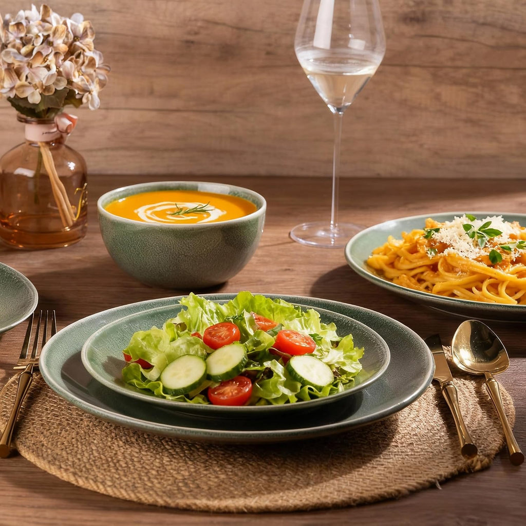 AmorArc Ceramic Dinnerware Sets for 8, 24 Pieces Handpainted Plates and Bowls Set, Scratch Resistant Stoneware Dishes Set, Dishwasher & Microwave Safe, Jade Green