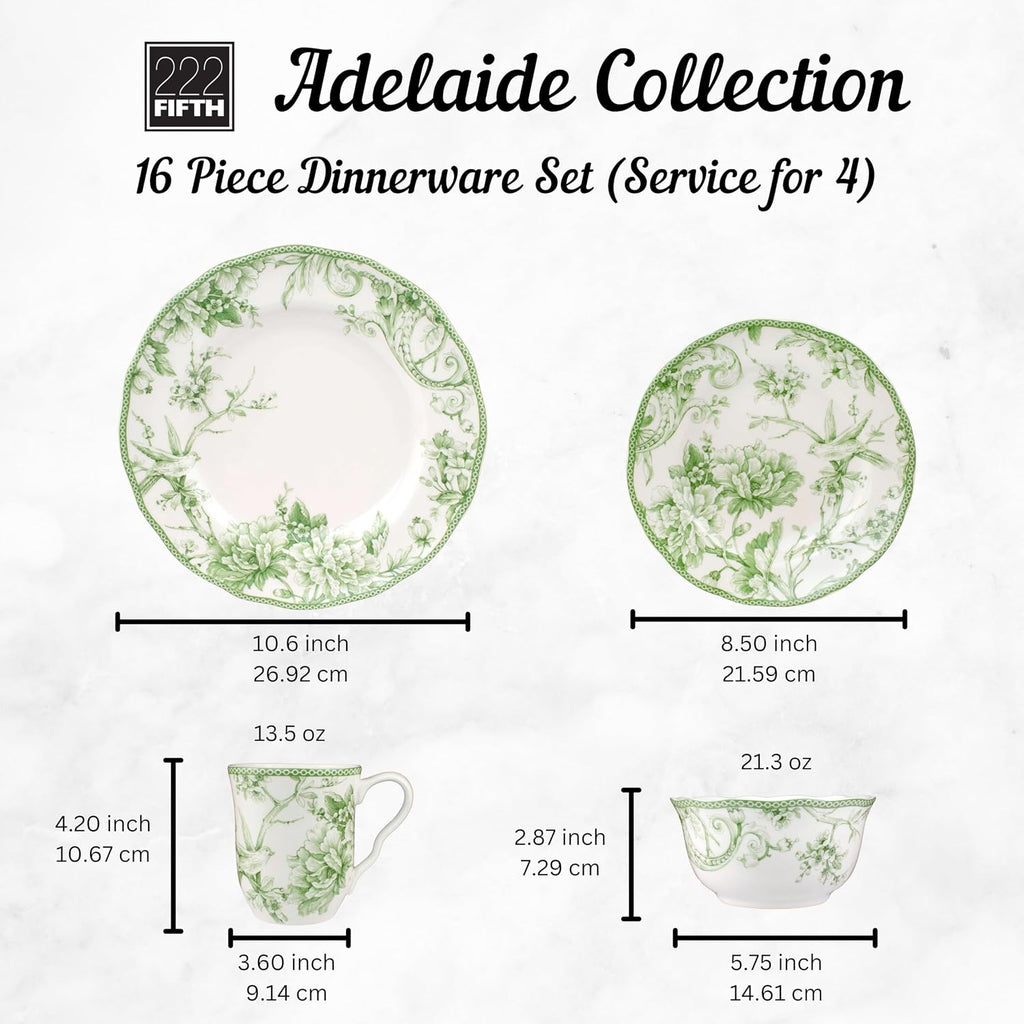 222 Fifth Adelaide Moss 16-Piece Porcelain Dinnerware Set – Service for 4, Big Dinner Plates and Bowls Sets with Mugs, Hand-Applied Decal, Microwave & Dishwasher Safe, for Everyday Entertainment