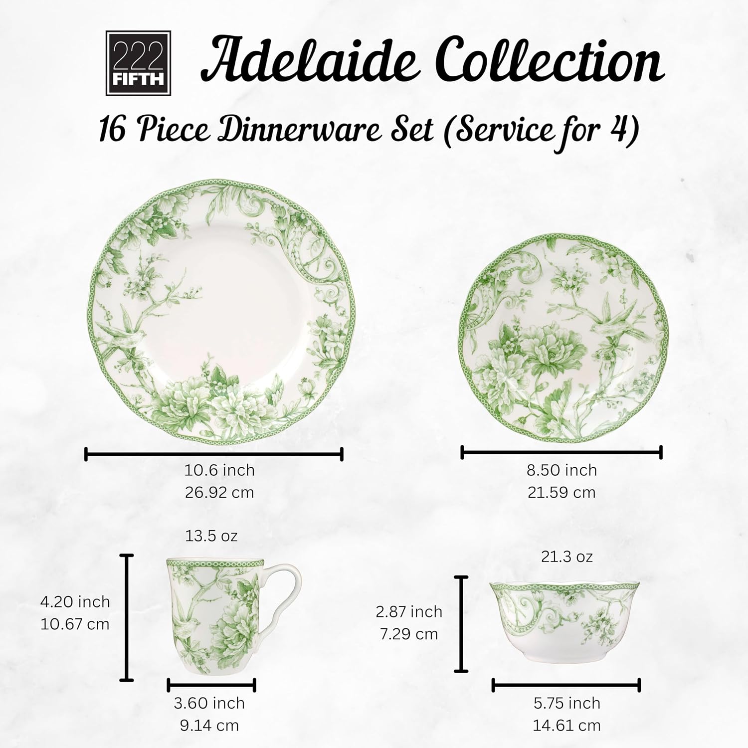 222 Fifth Adelaide Moss 16-Piece Porcelain Dinnerware Set – Service for 4, Big Dinner Plates and Bowls Sets with Mugs, Hand-Applied Decal, Microwave & Dishwasher Safe, for Everyday Entertainment