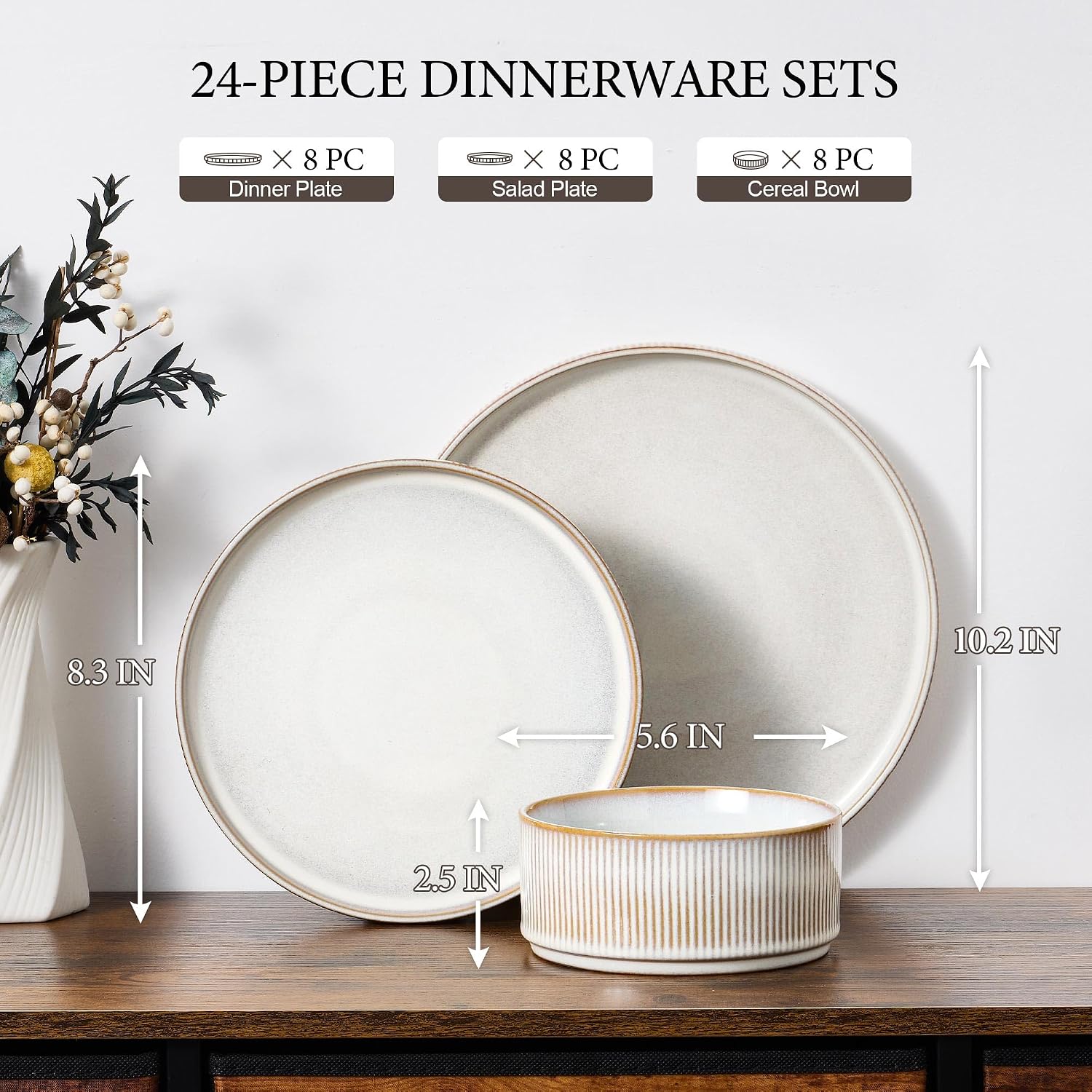 E-far 24-Piece Stoneware Dinnerware Sets, Plates and Bowls Sets for 8, Kitchen Modern Dinning Porcelain Dishes Set, Chip & Scratch Resistant, Dishwasher & Microwave Safe, Creamy Beige