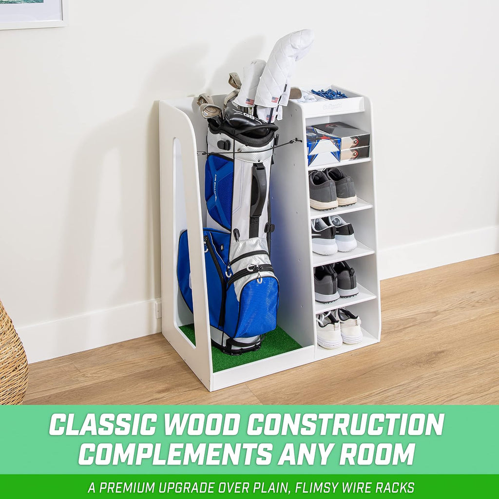 GoSports Premium Wooden Golf Bag Organizer and Storage Rack - Black, White or Brown Finish