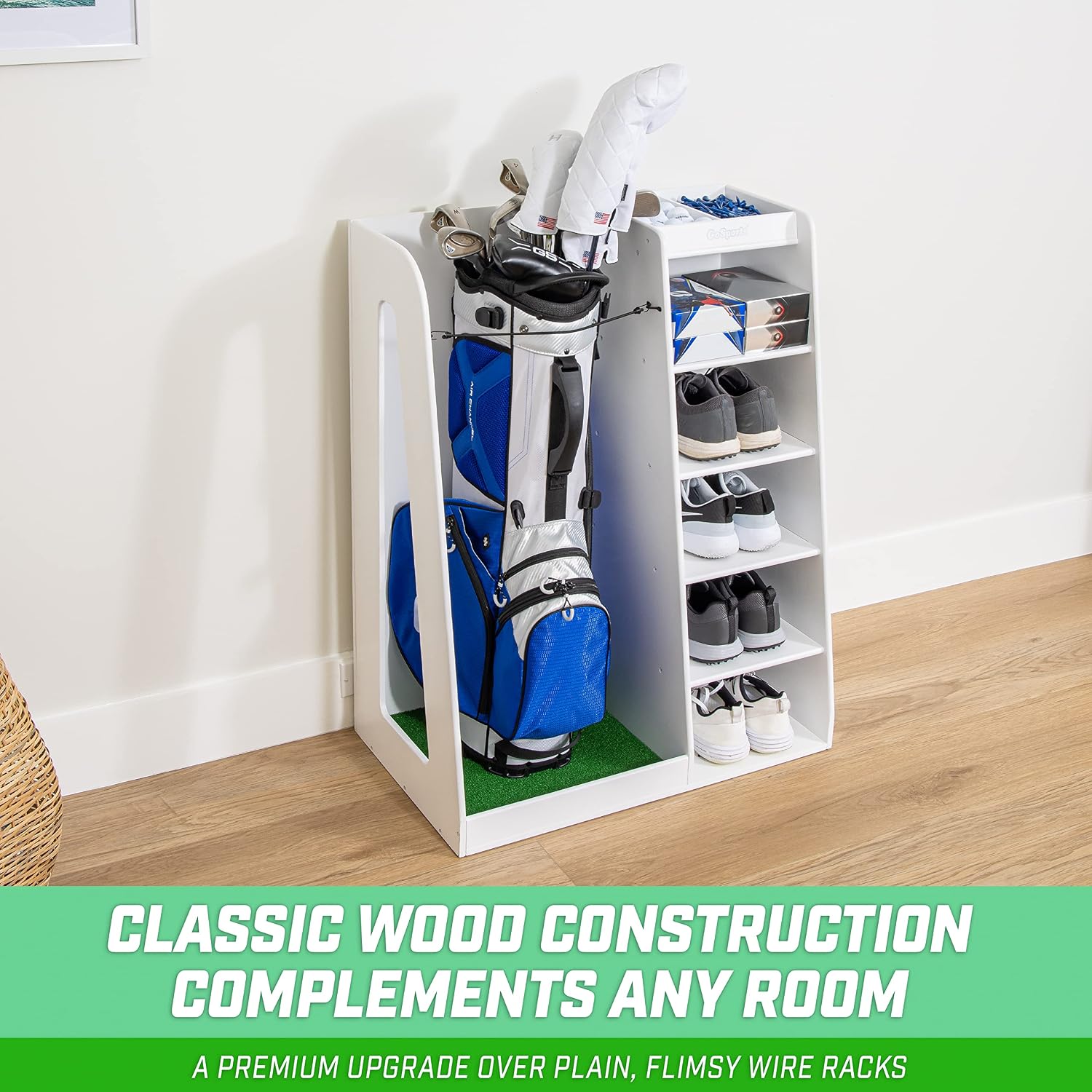 GoSports Premium Wooden Golf Bag Organizer and Storage Rack - Black, White or Brown Finish