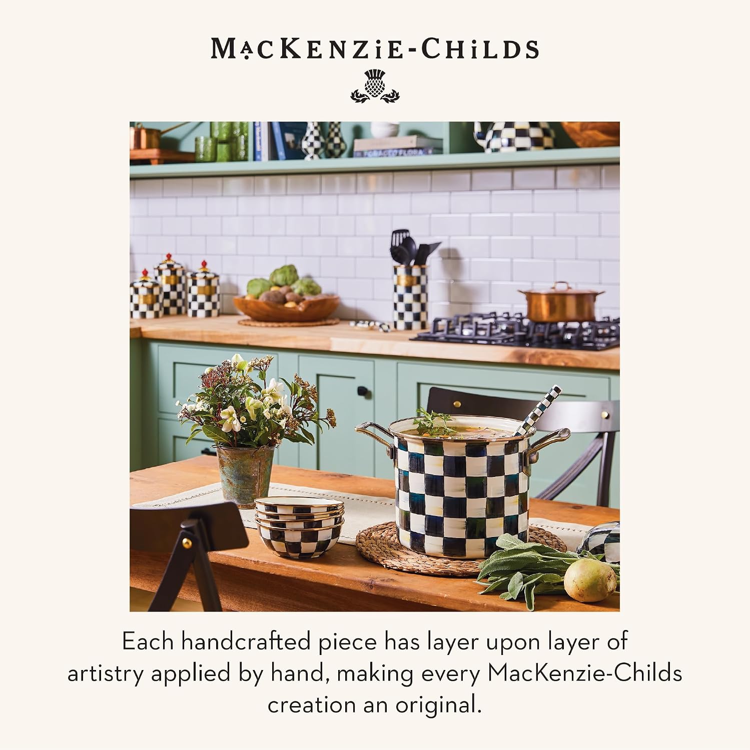 MACKENZIE-CHILDS Enamel Everyday Bowl, Serving Bowl for Entertaining, Extra-Small, Black-and-White Courtly Check, Set of 4