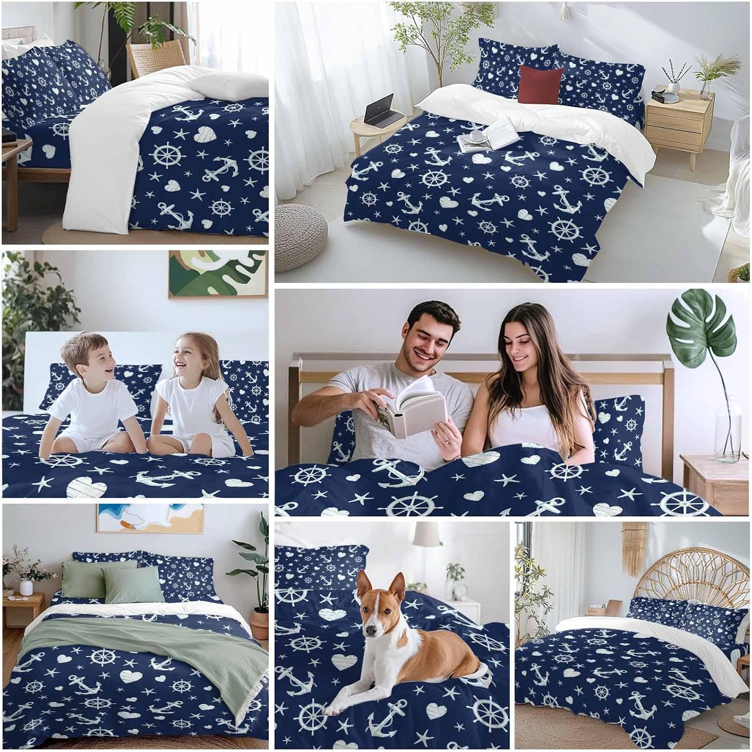 Summer Ocean Anchor Duvet Cover Set Queen Size 4 Pieces Nautical Coastal Sea Navy Blue Compass Love Heart Star Bedding Set with Zipper Closure,1 Comforter Cover 86x86 Inch 1 Flat Sheet&2 Pillow Cases