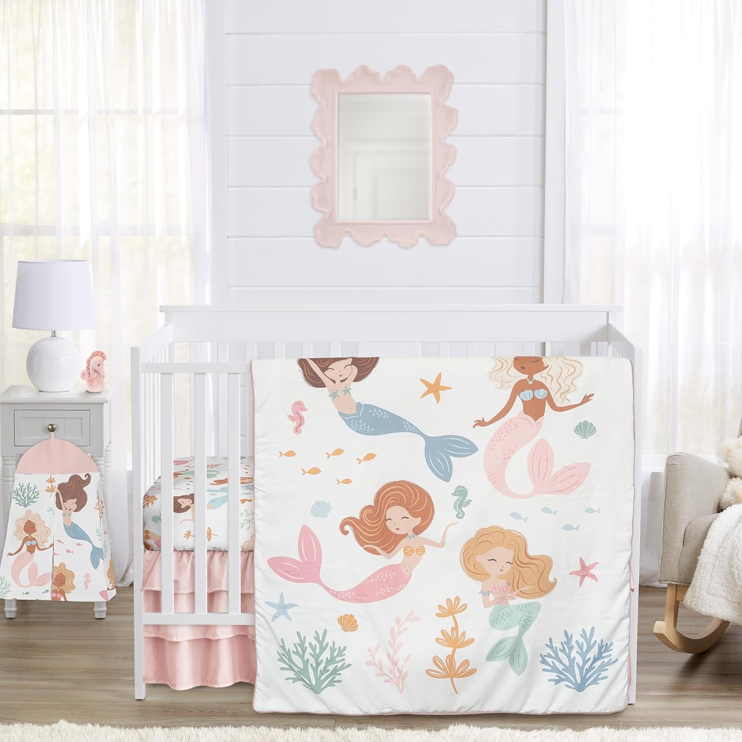 Sweet Jojo Designs Ocean Mermaids Girl Baby Crib Bedding Set Nursery Room Blanket Fitted Sheet Skirt Diaper Stacker 4p Pink Teal Under the Sea Underwater Theme Fairytale Fish Colorful Coral Reef Blue