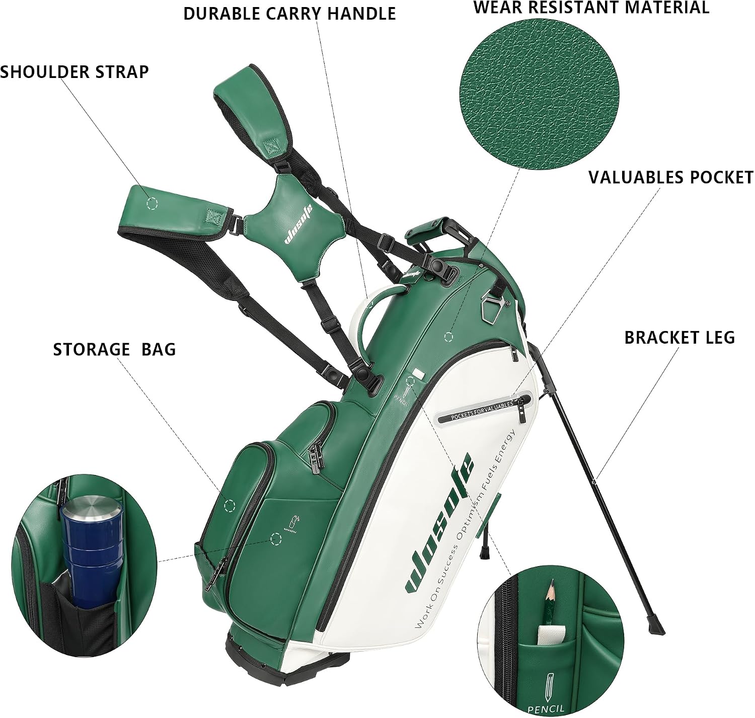 WOSOFE PU Golf Bag with 6/14 Way Top Dividers Automatically Adjustable Dual Straps Elegant Design for Men Women Pu Golf Stand Bag with Multiple Pockets