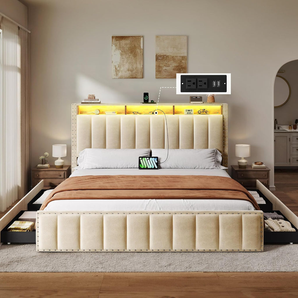 YITAHOME Full Size Bed Frame with 4 Storage Drawers and RGB LED Lights, Velvet Upholstered Platform Bed with Charging Station and Storage Headboard, No Box Spring Needed, Easy Assembly, Beige