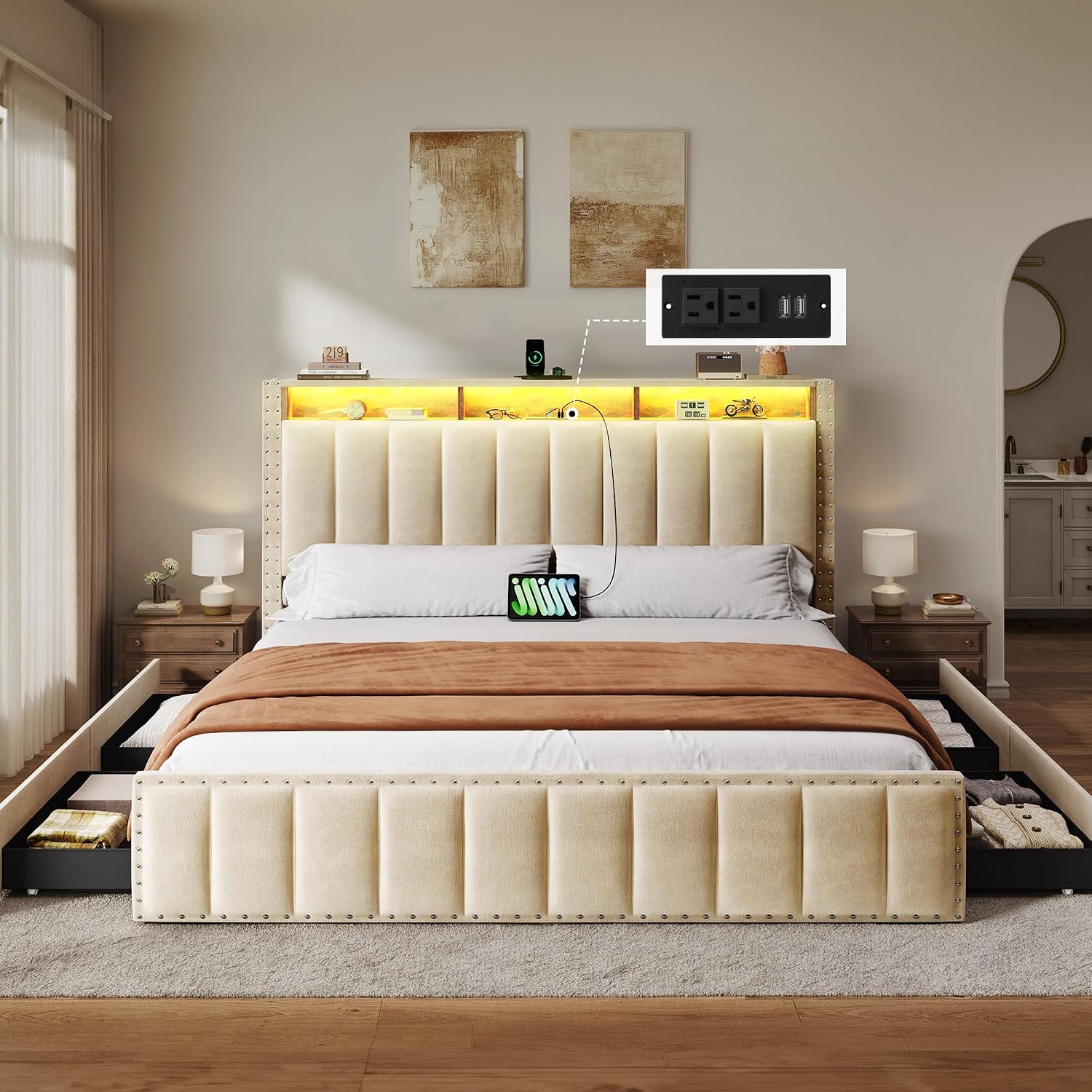 YITAHOME Full Size Bed Frame with 4 Storage Drawers and RGB LED Lights, Velvet Upholstered Platform Bed with Charging Station and Storage Headboard, No Box Spring Needed, Easy Assembly, Beige