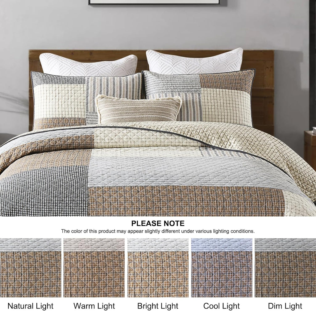 Quilts King Size - King Quilt Bedspread Sets, 100% Cotton Patchwork Quilt Bedding Set for King Bed, 3 Pieces Plaid Farmhouse Reversible Rustic Lightweight Comforter Spread, Brown/Beige/Gray
