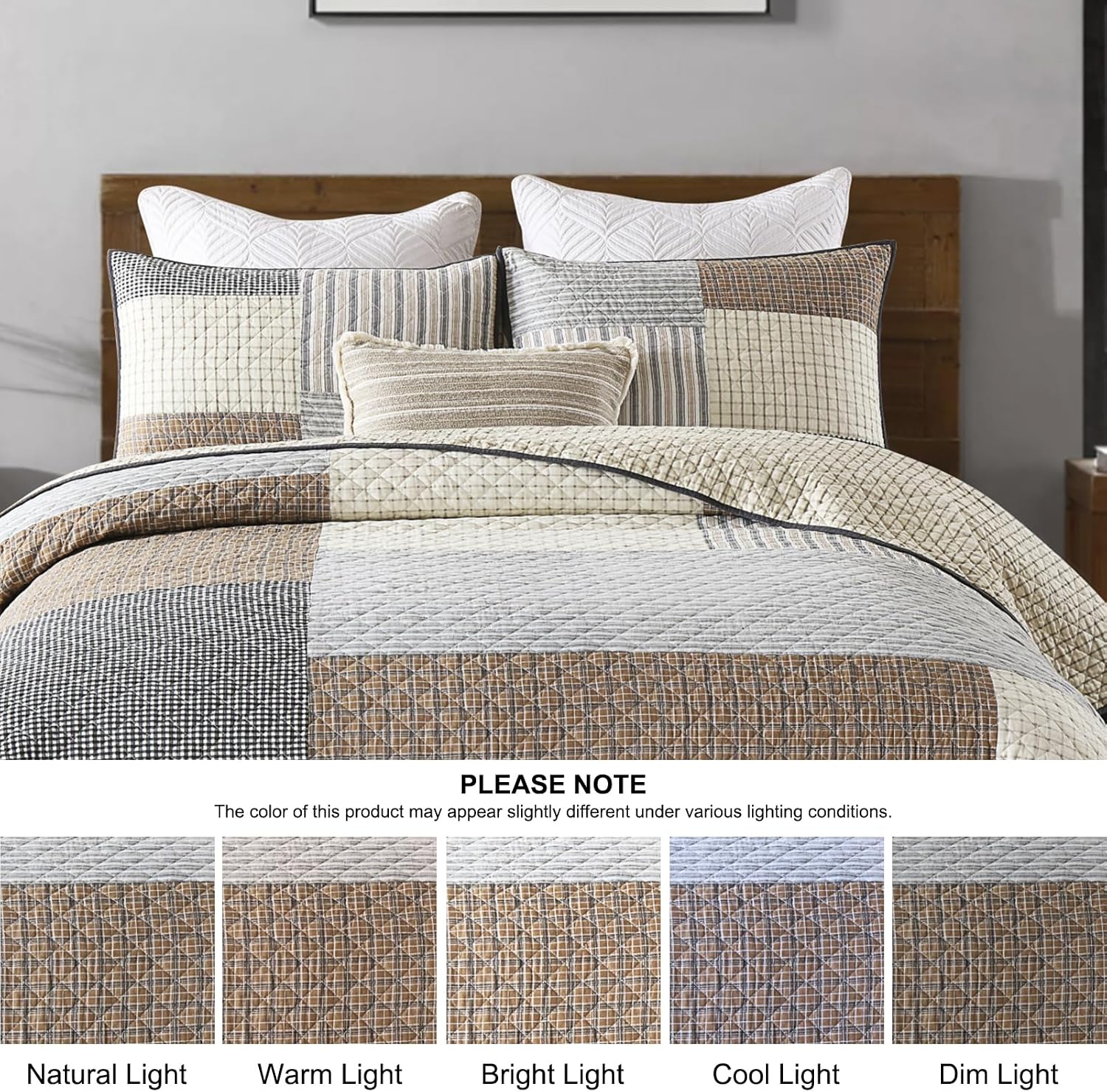 Quilts King Size - King Quilt Bedspread Sets, 100% Cotton Patchwork Quilt Bedding Set for King Bed, 3 Pieces Plaid Farmhouse Reversible Rustic Lightweight Comforter Spread, Brown/Beige/Gray