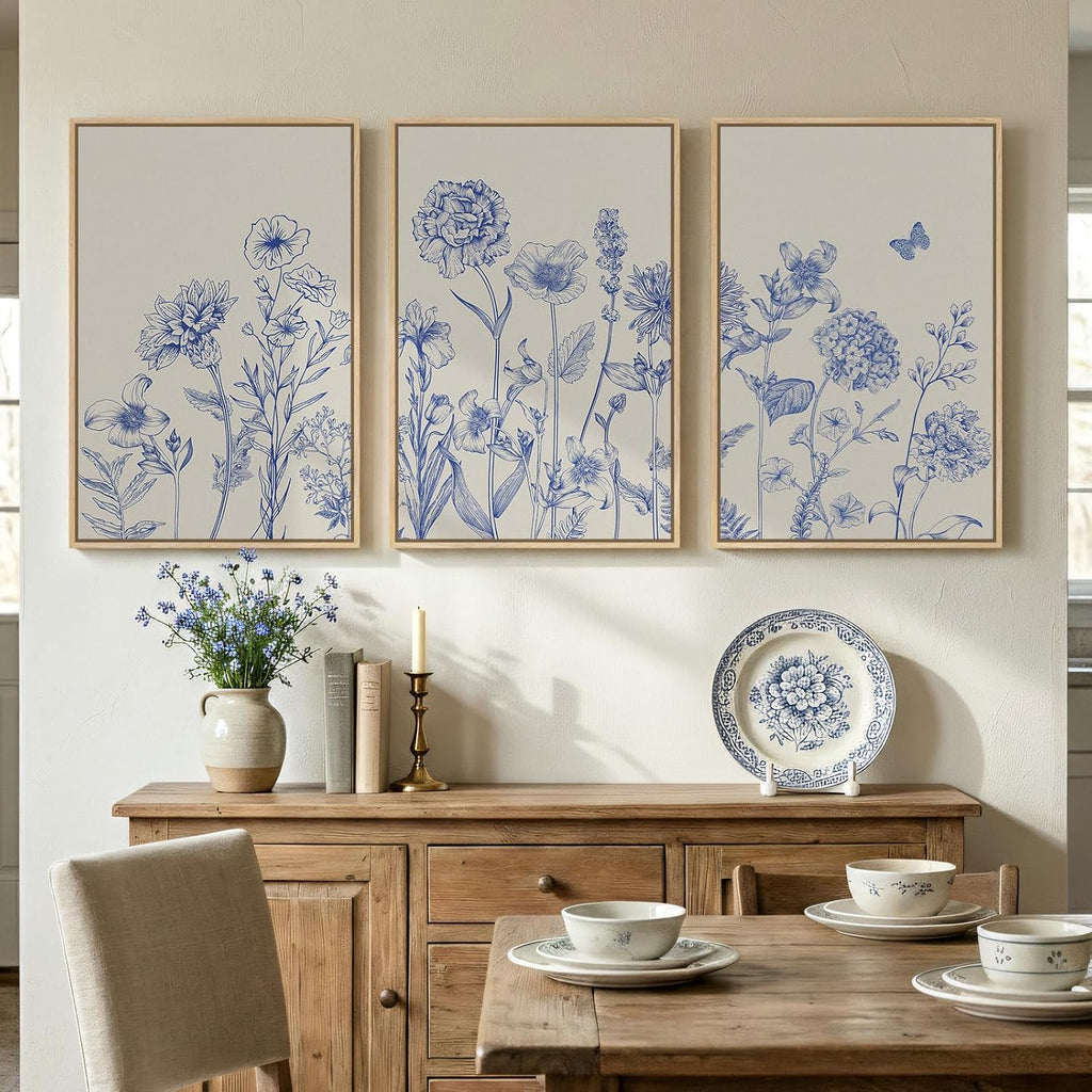 Framed Neutral Chinoiserie Blue Botanical Wall Art, 3 Piece Minimalist Floral Canvas Artwork for Modern Farmhouse, Flower Painting Prints for Living Room Bedroom Kitchen Office Dining Room, 20x30 In