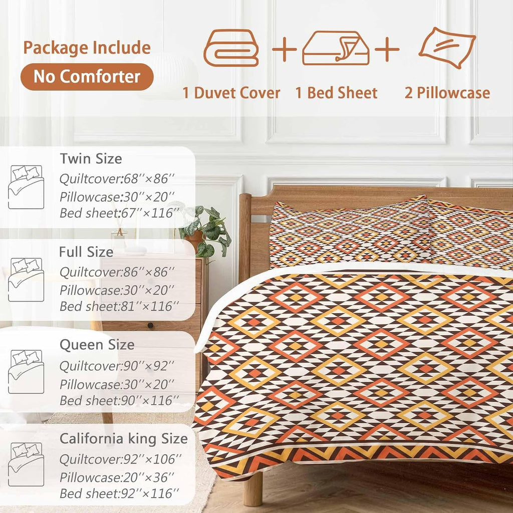 Native Striped Duvet Cover Set Queen Size 4 Pieces Yellow Orange Tribe Geometric Abstract Ethnic Plaid Bedding Set with Zipper Closure, 1 Comforter Cover 92x106 Inches 1 Flat Sheet & 2 Pillow Cases