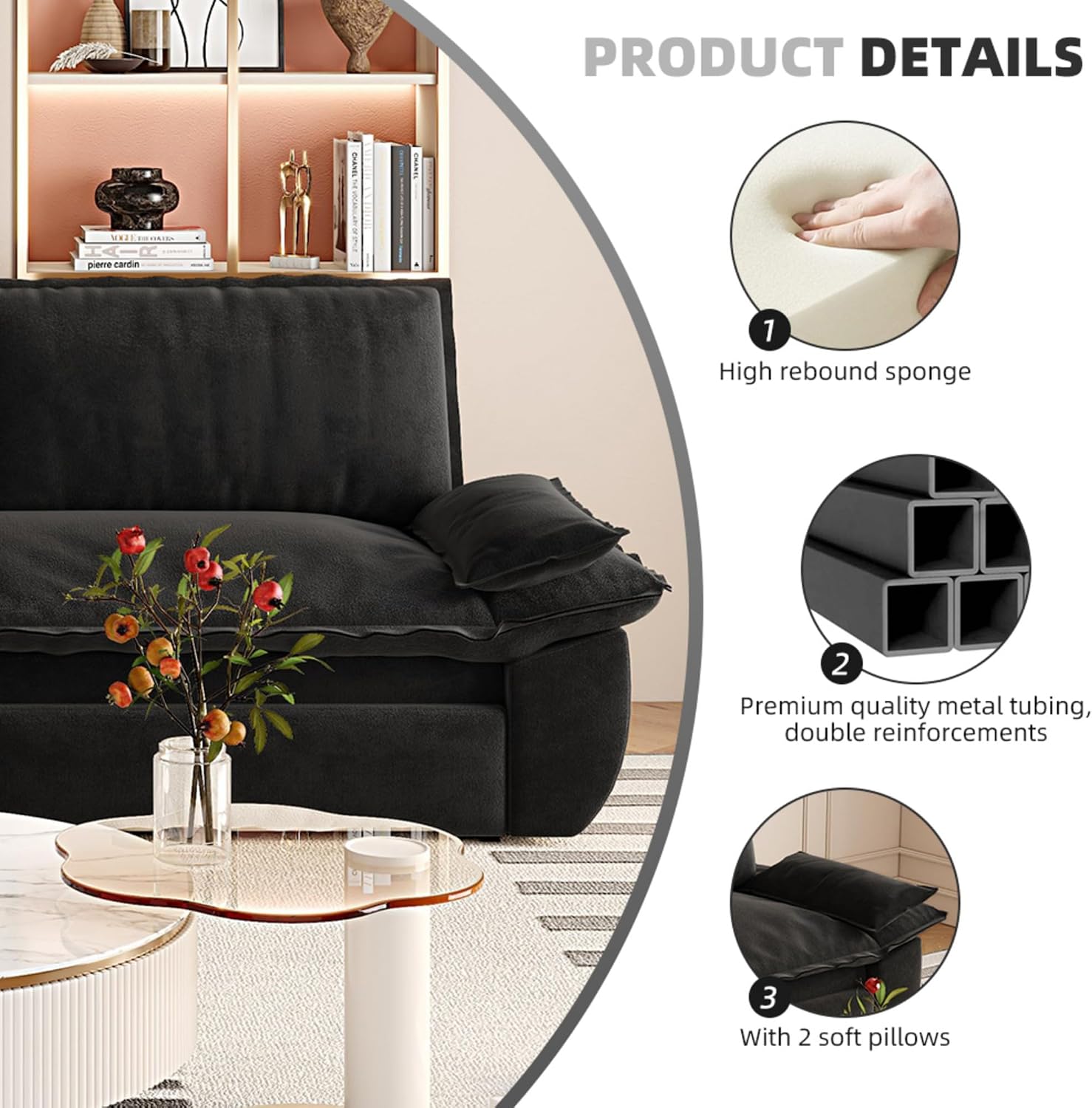 WILLIAMSPACE 73.2' Queen Pull Out Sofa Bed, 3-in-1 Velvet Convertible Sleeper Sofa Couch with 2 Soft Pillows, Multi-Functional Loveseat Bed Pull Out Couch for Living Room, Apartment (Black)