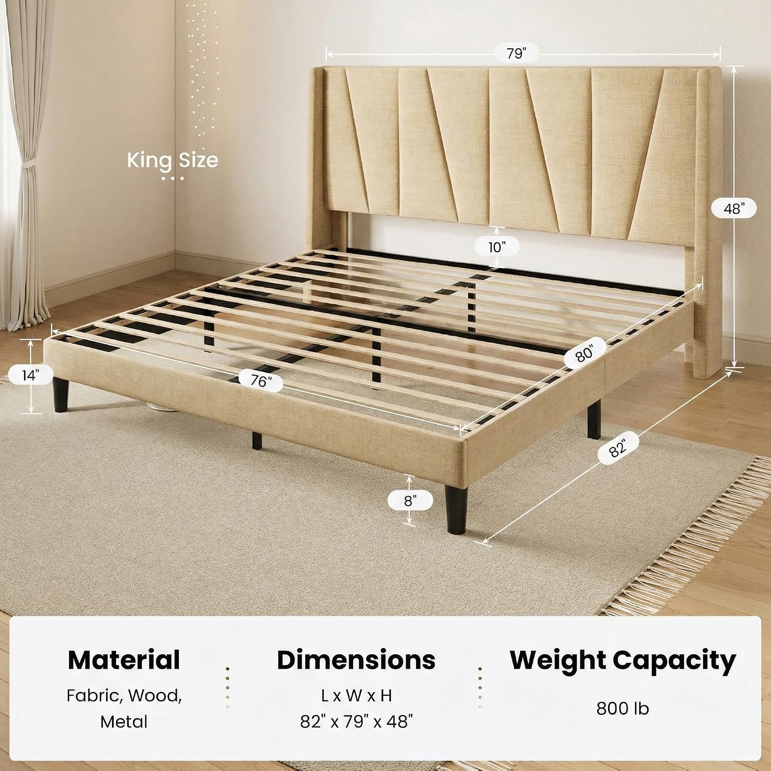 SHA CERLIN King Size Bed Frame with Geometric Wingback Headboard, Upholstered Platform Bed with 8' Under-Bed Space, No Box Spring Needed, Easy Assembly, Beige