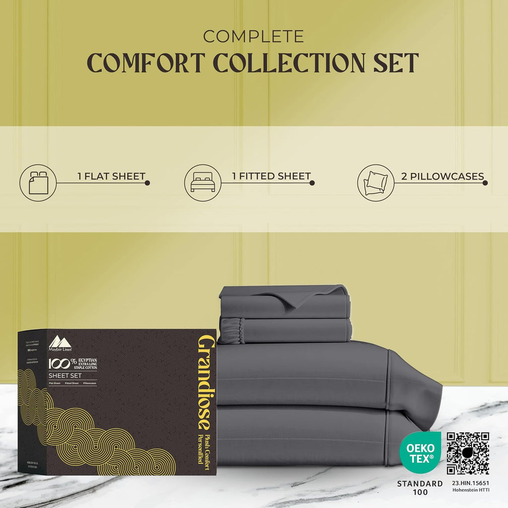 Mayfair Linen 100% Egyptian Cotton Sheets California King Size - Luxury 1000 Series Grandiose Collection Cal King Sheets (4 PC, Dark Grey), 16' Deep Pocket Sateen Soft, Cooling Hotel Bed Sheet Set