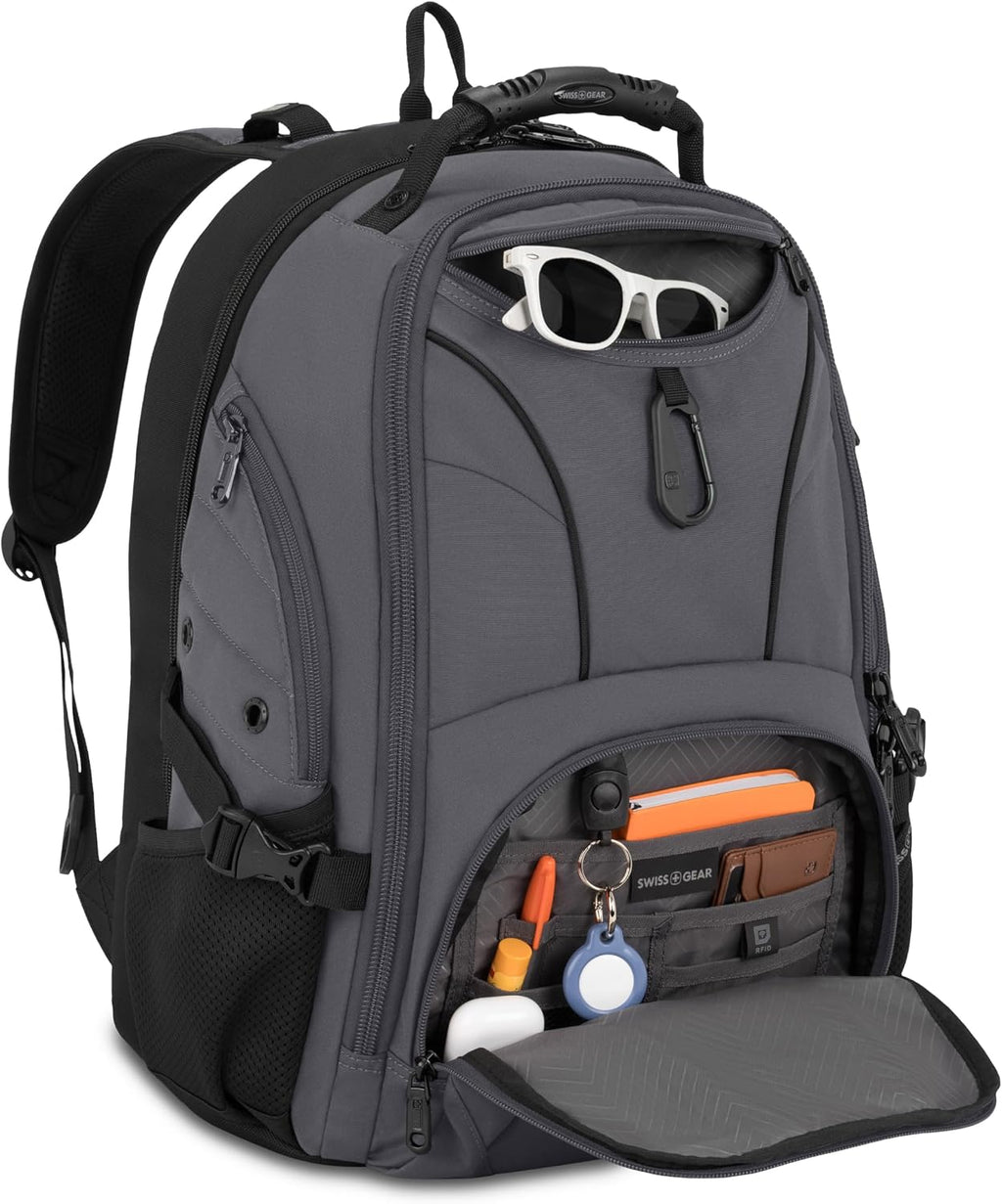 SWISSGEAR Sion 2-Piece Travel Set, Softside Expandable Carry-On Spinner Bundled with 1900 ScanSmart 17' Laptop Backpack with RFID Blocking & Tech Organization, Dark Grey