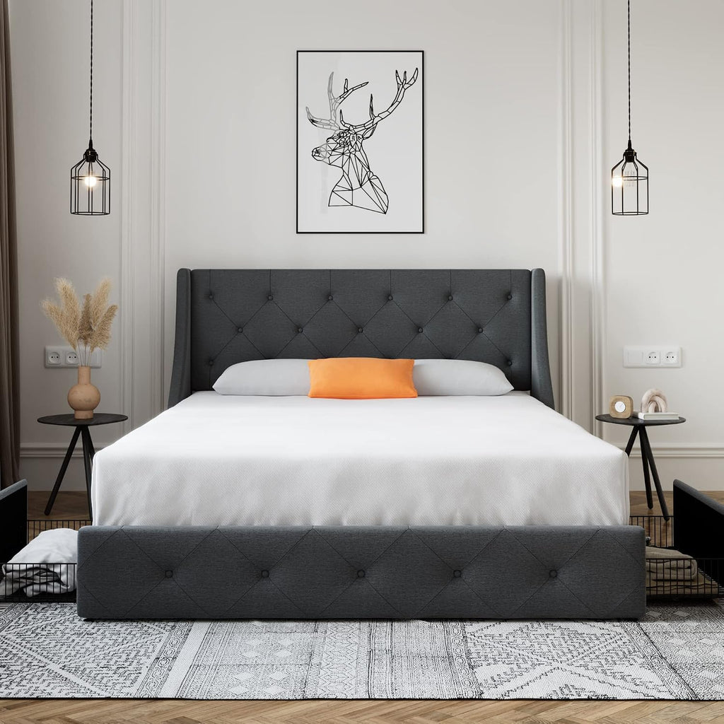 SHA CERLIN Upholstered Full Size Platform Bed Frame with 4 Storage Drawers and Wingback Headboard, Diamond Stitched Button Tufted Design, No Box Spring Needed, Dark Grey