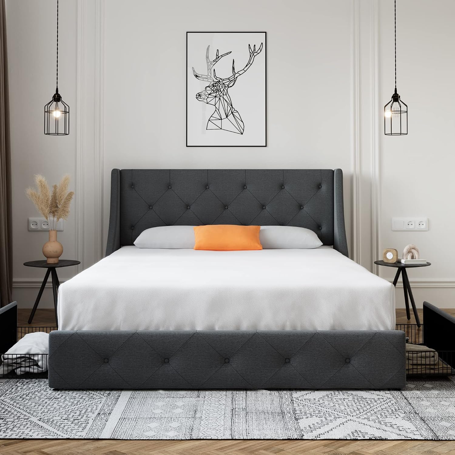 SHA CERLIN Upholstered Full Size Platform Bed Frame with 4 Storage Drawers and Wingback Headboard, Diamond Stitched Button Tufted Design, No Box Spring Needed, Dark Grey