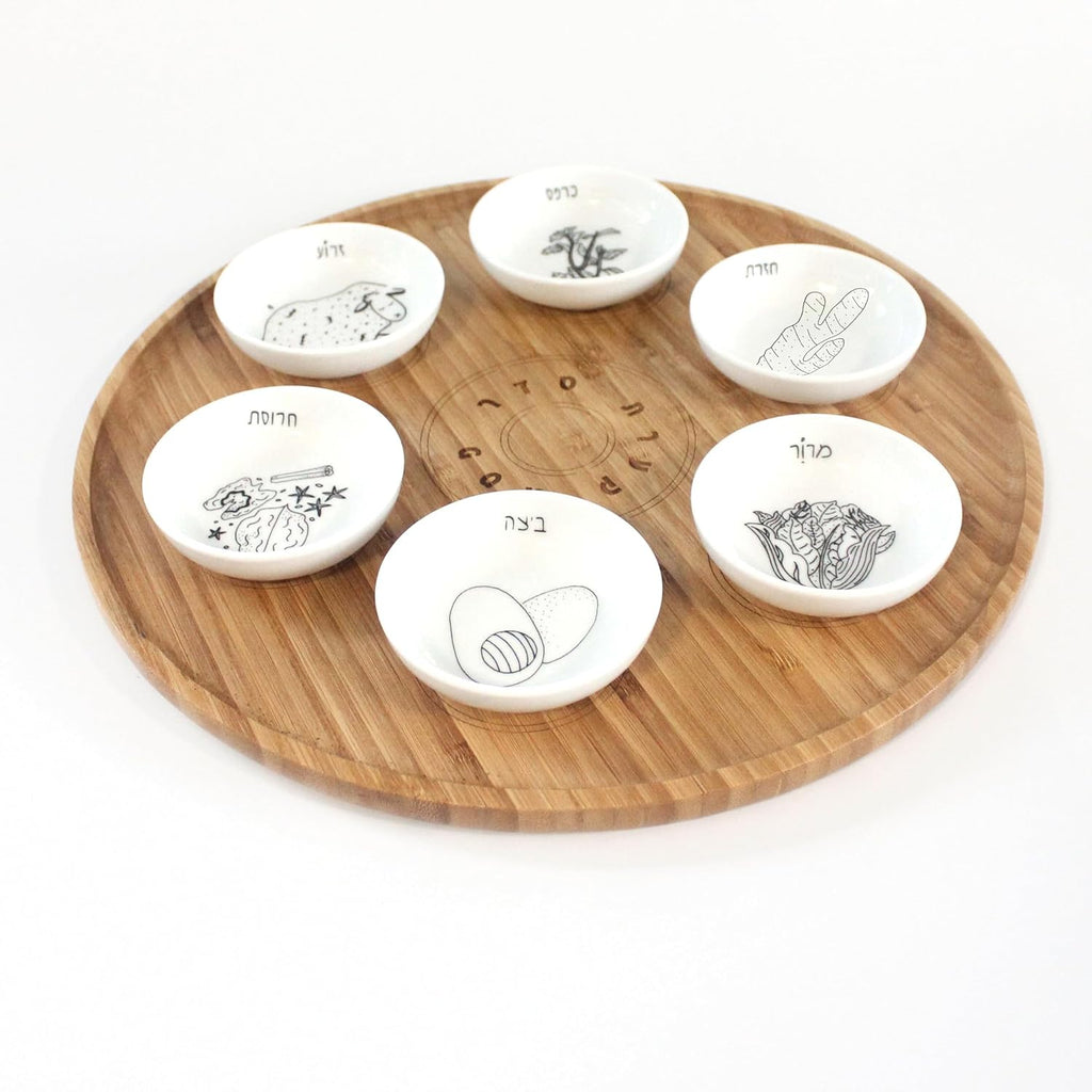13' Large Size Handmade Passover Seder Plate with Six Black and White Ceramic Bowls, Passover Seder Plate Set, Hand Painted Illustrations, Decor Jewish Gift, Made in Israel by Mickala Design