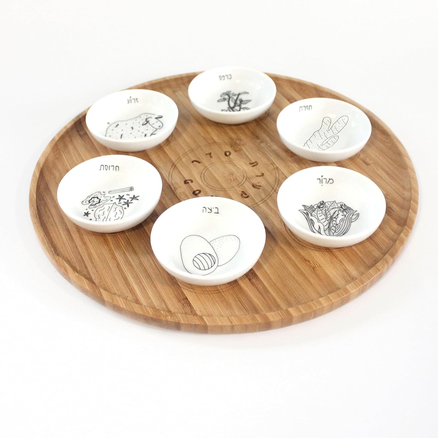 13' Large Size Handmade Passover Seder Plate with Six Black and White Ceramic Bowls, Passover Seder Plate Set, Hand Painted Illustrations, Decor Jewish Gift, Made in Israel by Mickala Design