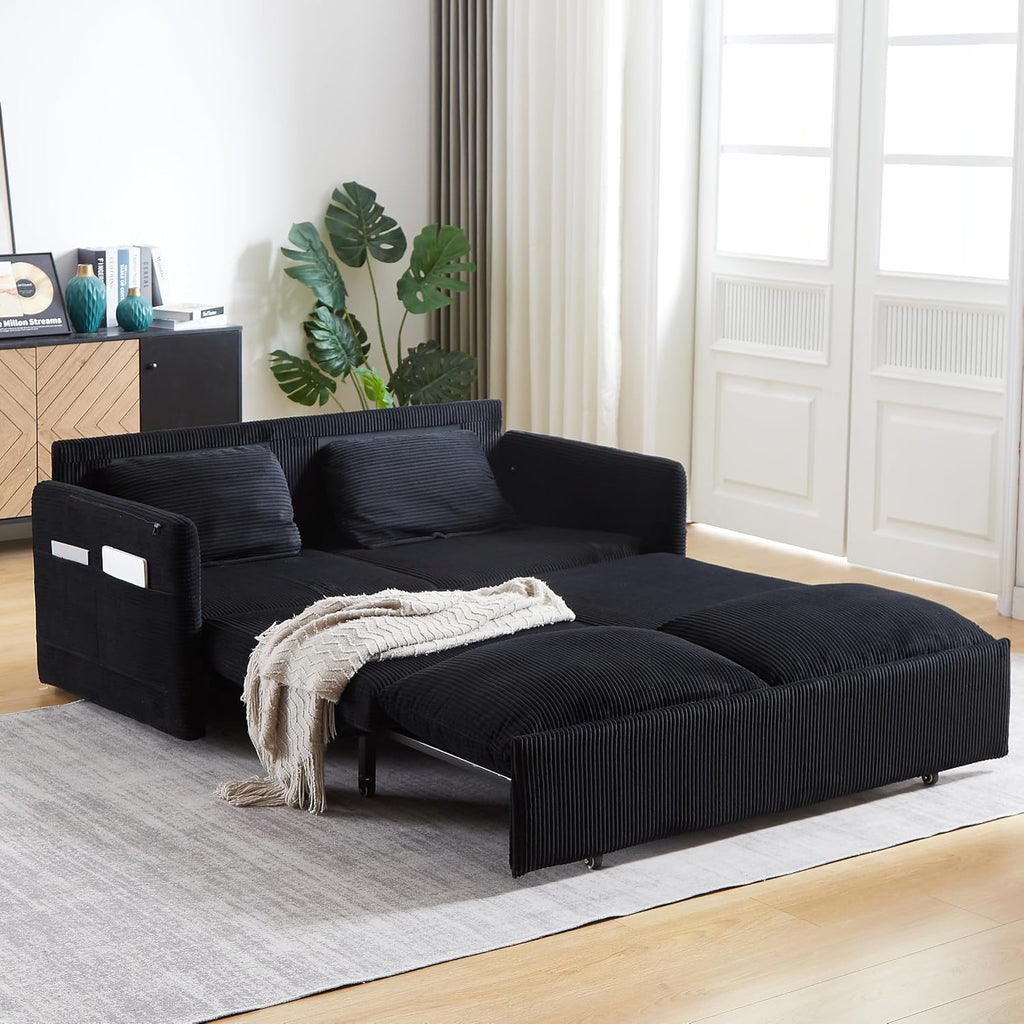 WILLIAMSPACE 64.5' Pull Out Sofa Bed, 3-in-1 Adjustable Sleeper Sofa Couch with Side Storage, Convertible Loveseat Sofa Bed Pull Out Couch for Living Room, Apartment, Corduroy, Black