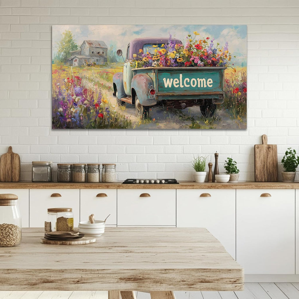 TIMUBA Country Farmhouse Truck Wall Art, Spring Farmhouse Canvas Art Prints, Welcome Sign Retro Truck Pictures Wall Decor, Rustic Flower Spring Landscape Painting Artwork for Home Bedroom 60x30 Inches
