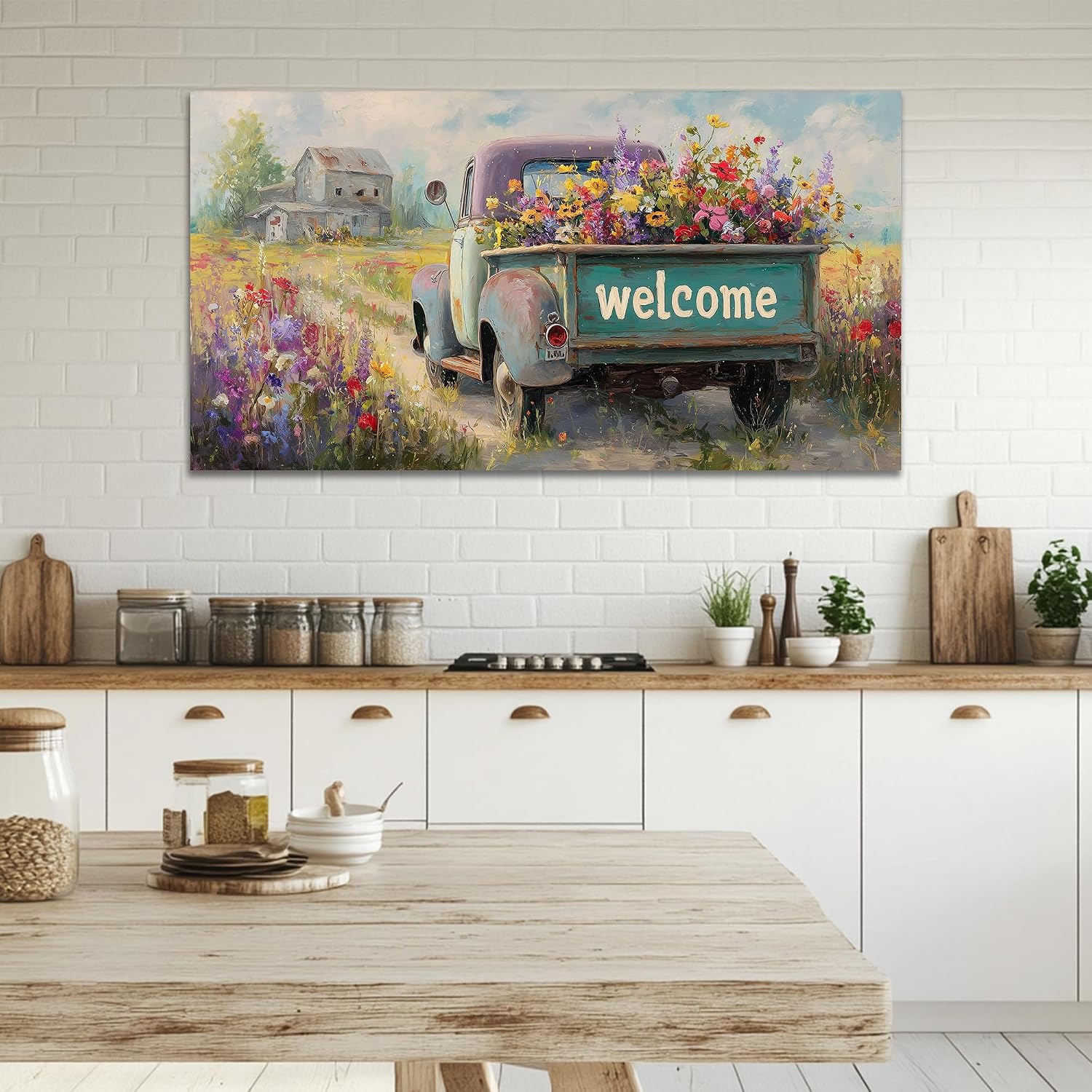 TIMUBA Country Farmhouse Truck Wall Art, Spring Farmhouse Canvas Art Prints, Welcome Sign Retro Truck Pictures Wall Decor, Rustic Flower Spring Landscape Painting Artwork for Home Bedroom 60x30 Inches
