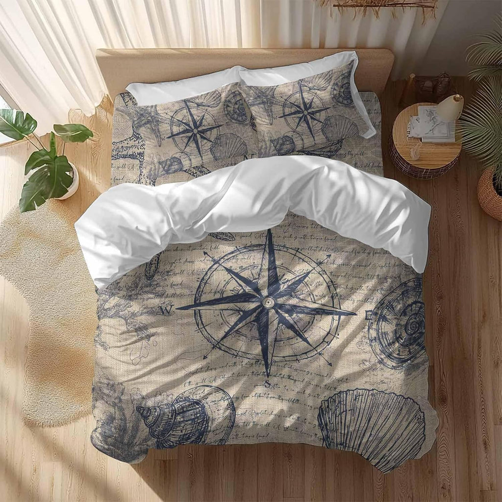 Vintage Nautical Duvet Cover Set Queen Size 4 Pieces Summer Navy Blue Compass Shell Starfish Brown Bedding Set with Zipper Closure, 1 Comforter Cover 86x86 Inches 1 Flat Sheet & 2 Pillow Cases