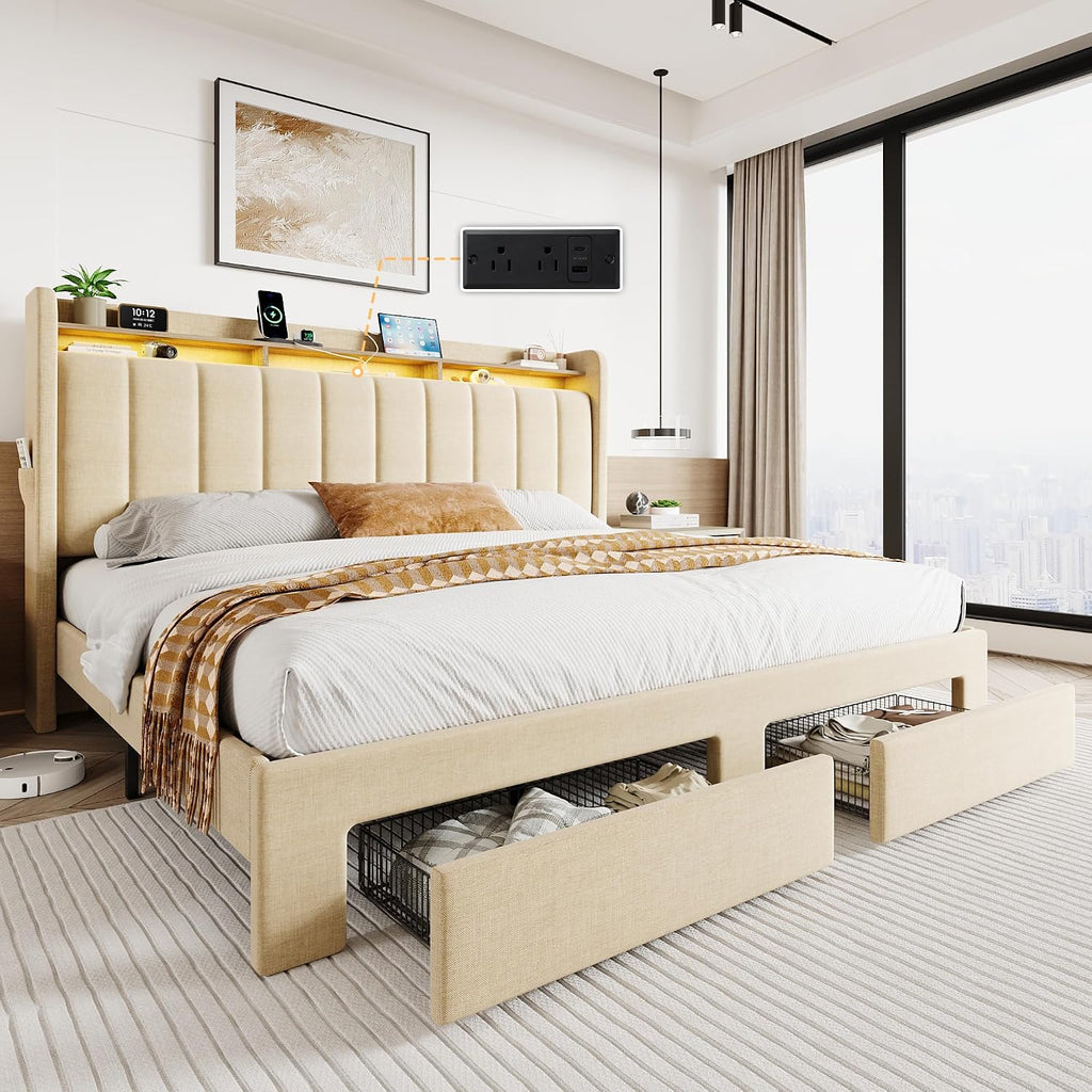 SHA CERLIN King Size Platform Bed Frame with Vertical Channel Tufted Wingback Headboard & 2 Storage Drawers/2-Tier Shelves with LED Lights & Charging Station/Noise-Free/No Box Spring Needed/Beige