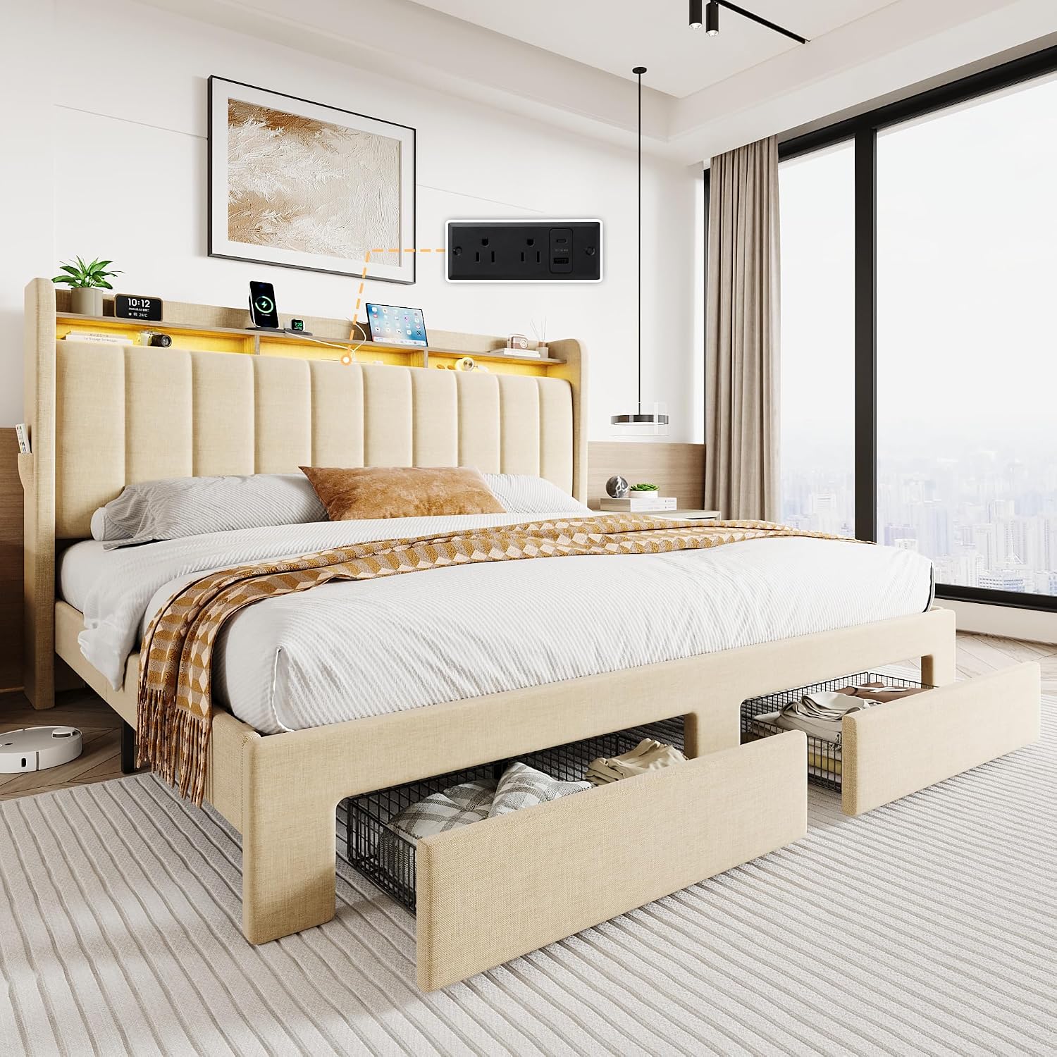 SHA CERLIN King Size Platform Bed Frame with Vertical Channel Tufted Wingback Headboard & 2 Storage Drawers/2-Tier Shelves with LED Lights & Charging Station/Noise-Free/No Box Spring Needed/Beige