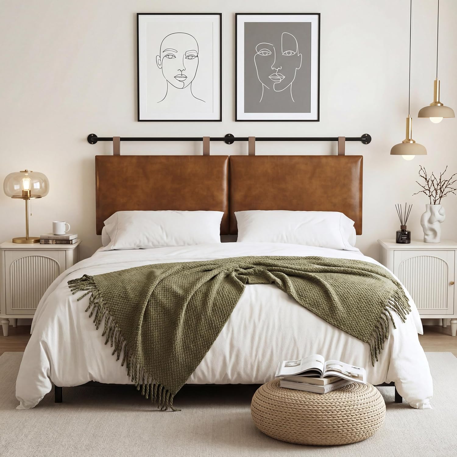 King Headboard, Wall Mounted Hanging Upholstered Soft Bed Head Board with Modern Design Faux Leather Headboards Ideal for Bedroom (Brown Leather, King