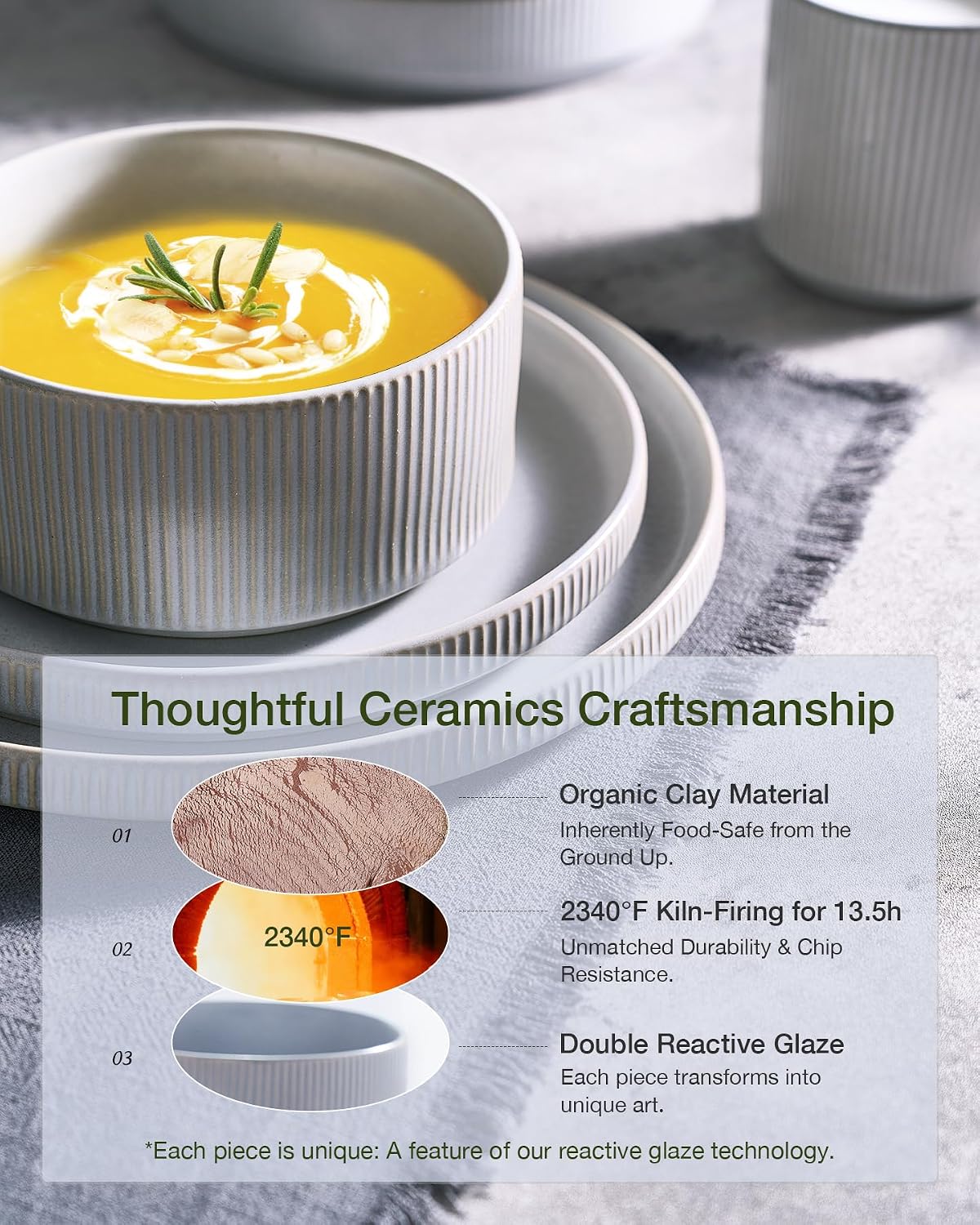 Famiware Star 24-Piece Reactive Glaze Plates and Bowls Sets, Service for 8 - Stoneware Dinnerware Set, High Edge Ribbed Dishes, Chip & Scratch Resistant, Microwave & Dishwasher Safe, Matte Gray