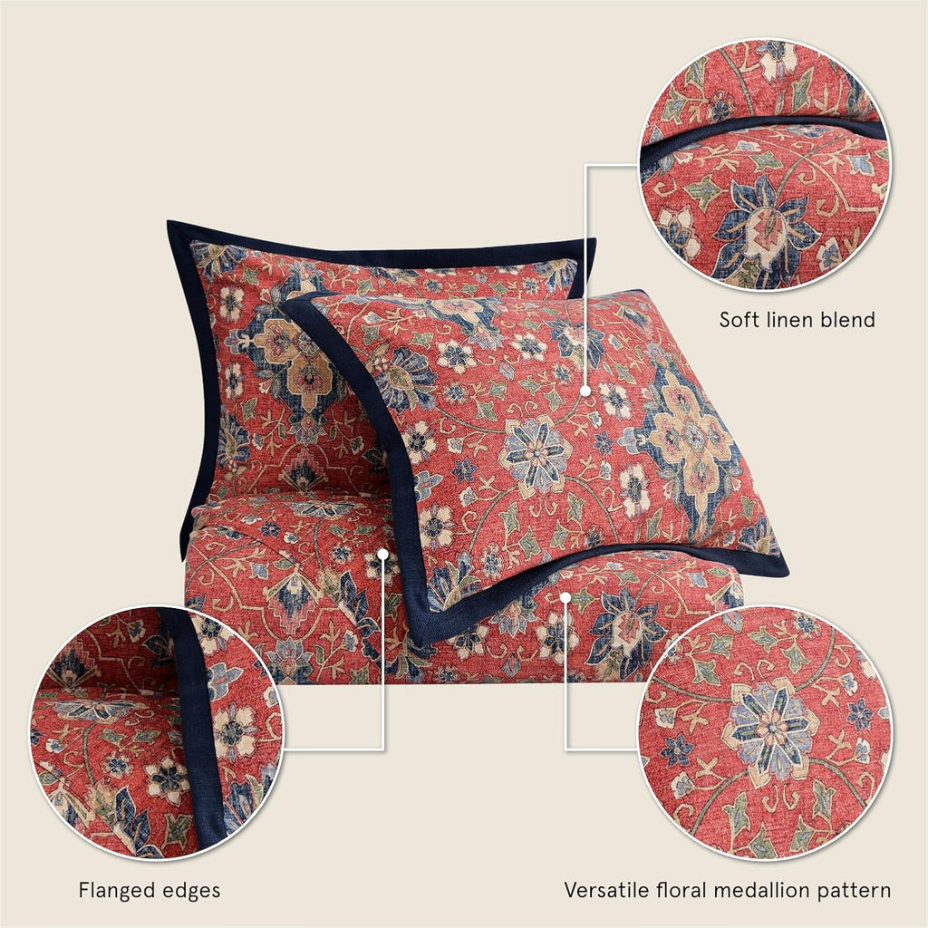 HiEnd Accents Washed Linen Melinda 3 Piece Floral Comforter Set, Queen Size, Red Navy Blue Medallion Bedding, Classic Western Modern Rustic Lodge Style, Flower Linen Comforter with Pillow Shams