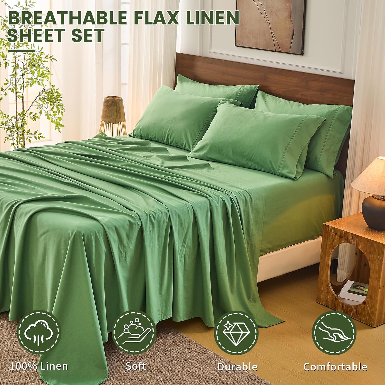 Bedlifes 100% French Flax Linen Sheets Set Queen Size - 6 Piece Extra Deep Pocket 18-24',Soft Breathable Queen Bed Sheets with Temperature Regulating & Moisture-Wicking(Sage Green