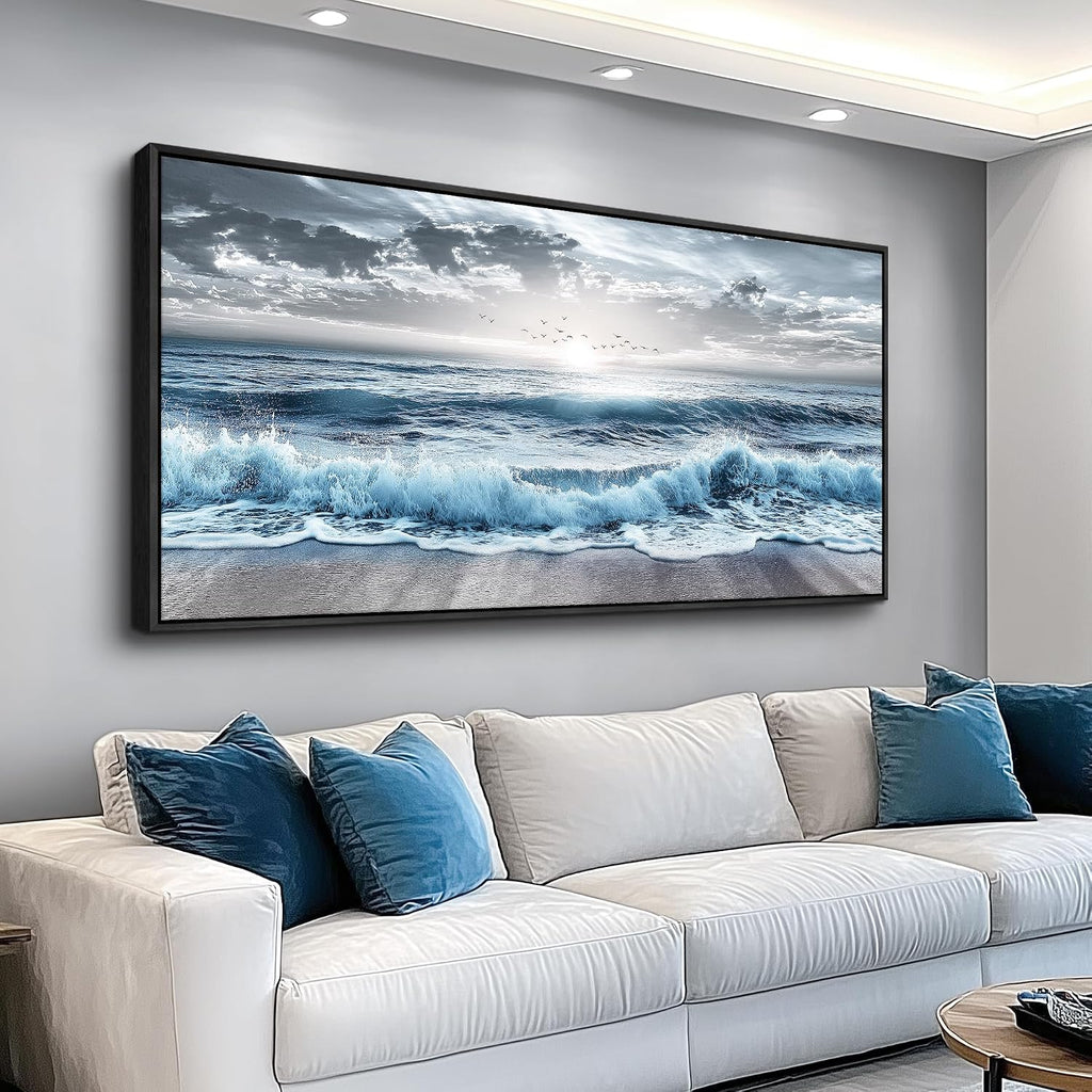 ERQINHUA Large Canvas Wall Decor For Bedroom Wall Art For Living Room Office Decor Blue Beach Sea Wave Paintings Sunrise Ocean Seascape Wall Pictures Artwork Modern Home Decor Black Frame 24x48 In