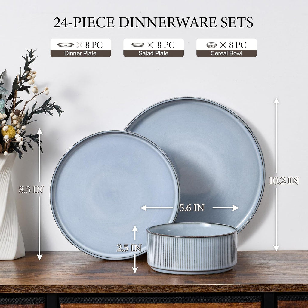 E-far 24-Piece Stoneware Dinnerware Sets, Plates and Bowls Sets for 8, Kitchen Modern Dinning Porcelain Dishes Set, Chip & Scratch Resistant, Dishwasher & Microwave Safe, Dusty Blue