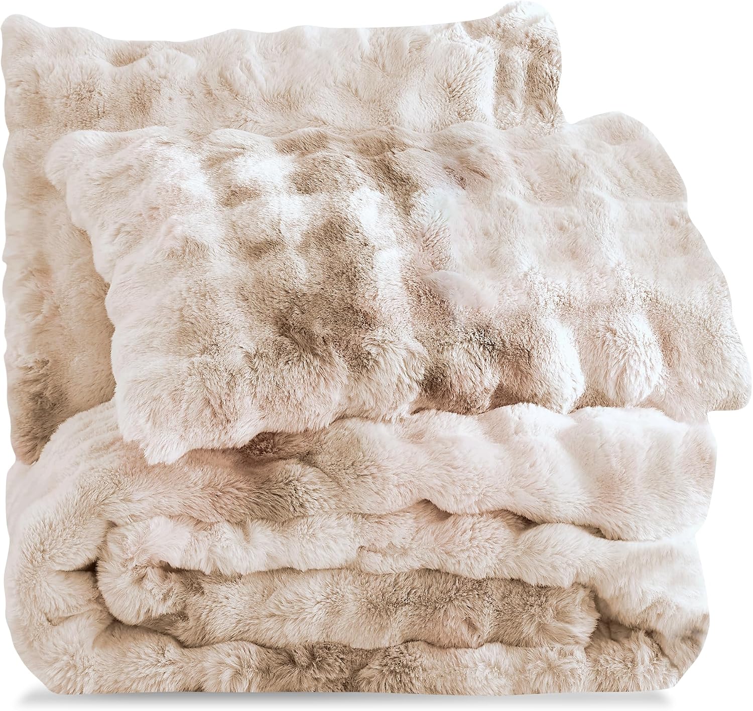 Wonderful 3 Pieces Fluffy Faux Rabbit Fur Bubble Comforter Set King Size, Tie-Dyeing Beige Plush Fuzzy Bedding Set, Warm Soft Bubble Comforter Bedding Set for Winter