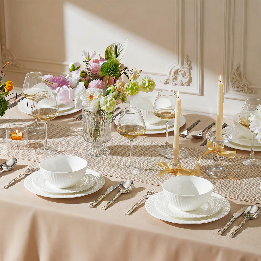 KINGSTONE 12-piece Bone China Dinnerware Set and 20-piece silverware, White Lightweight Porcelain for 4, Plates, Bowls with matching flatware, Microwave and Dishwasher Safe, for Family, Gifting