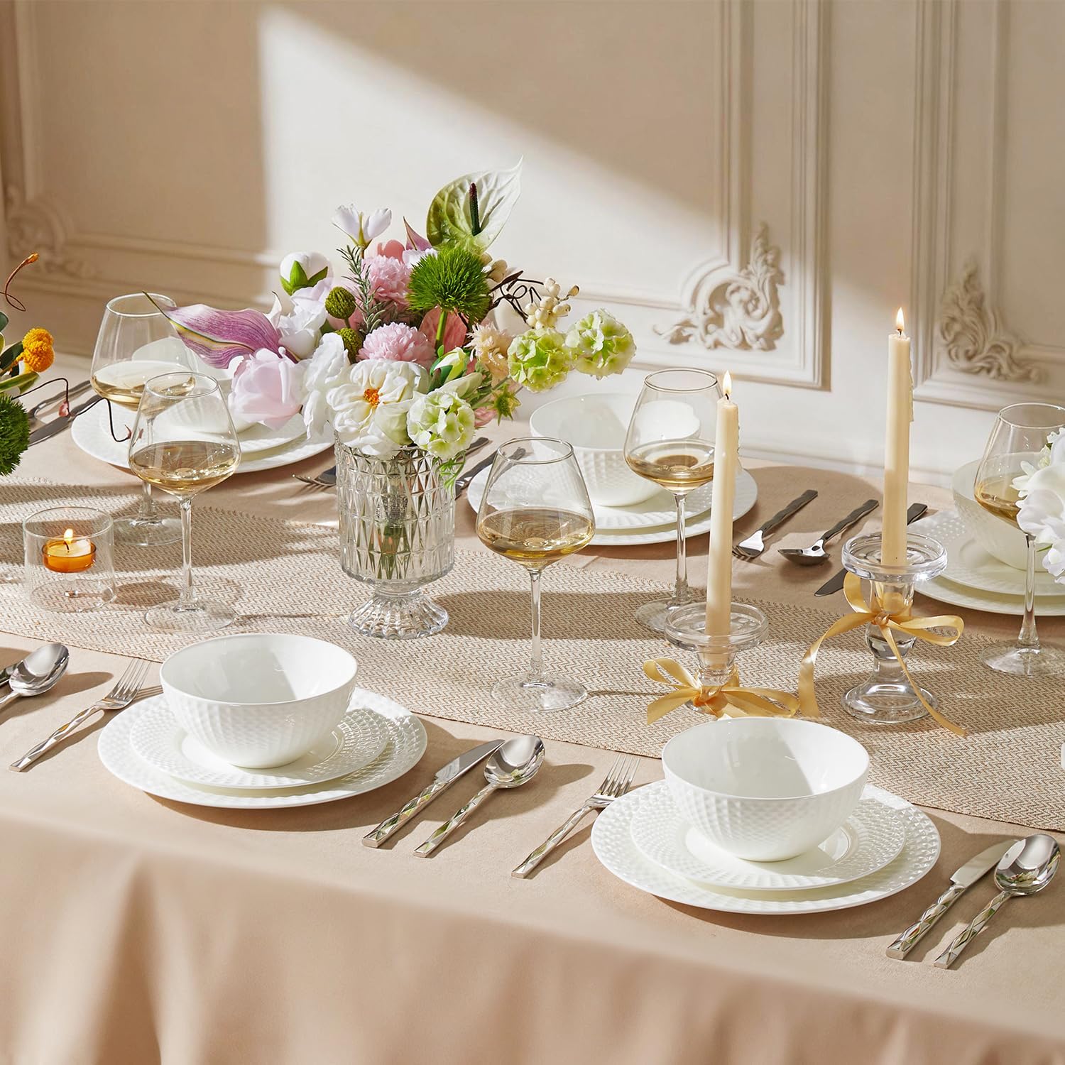 KINGSTONE 12-piece Bone China Dinnerware Set and 20-piece silverware, White Lightweight Porcelain for 4, Plates, Bowls with matching flatware, Microwave and Dishwasher Safe, for Family, Gifting