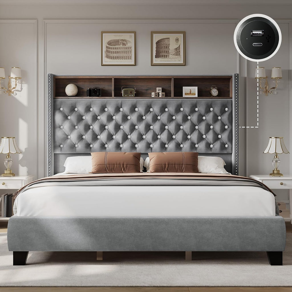 YITAHOME Queen Size Bed Frame with 58' Tall Headboard, Storage Headboard Bed with USB Charging Stations, Type-C Port, Velvet Upholstered Beds with Deep Button Tufted, No Box Spring Needed, Grey