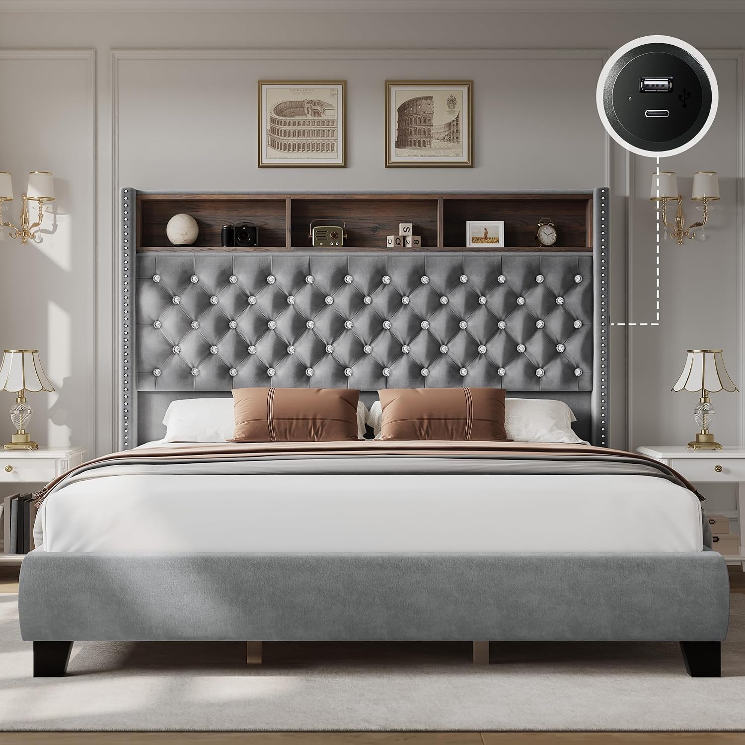 YITAHOME Queen Size Bed Frame with 58' Tall Headboard, Storage Headboard Bed with USB Charging Stations, Type-C Port, Velvet Upholstered Beds with Deep Button Tufted, No Box Spring Needed, Grey