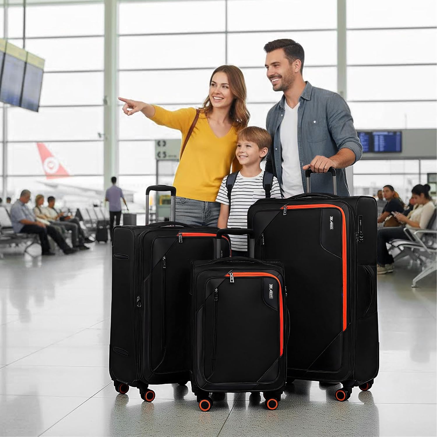 3-Piece Softside Expandable 20% Luggage Set with Front Open Pocket,Softside Suitcases w/Spinner Wheels,Lightweight Durable Rolling Luggage w/TSA LOCK（Black,22in/28in/32in）
