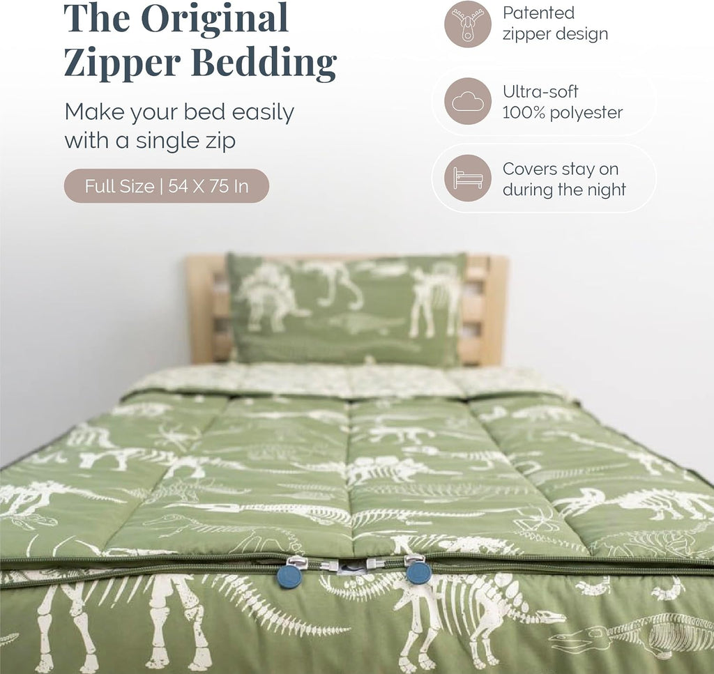 Beddy's Dinosaur T-Rex Durable Zipper Bedding for Kids - Green Sheets & Comforter with Dino Fossils - Includes 2 Pillowcases & 2 Shams - Easy to Make & Wash- Full