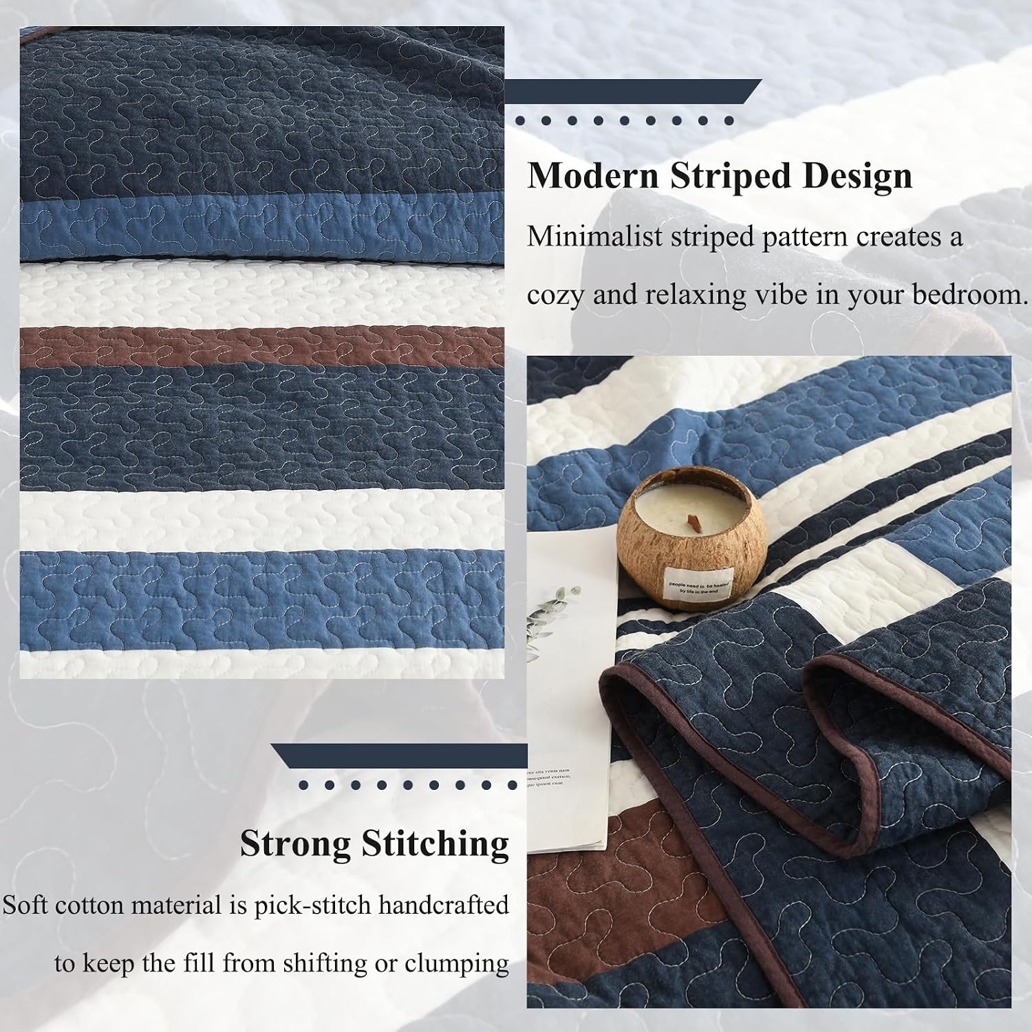 Quilts King Size - Blue Quilt Set with Matching Shams, Modern Striped Design Bedding Bedspread, 3 Pieces 100% Cotton Lightweight Coverlet Home Decor for All Season, Brown/Cream