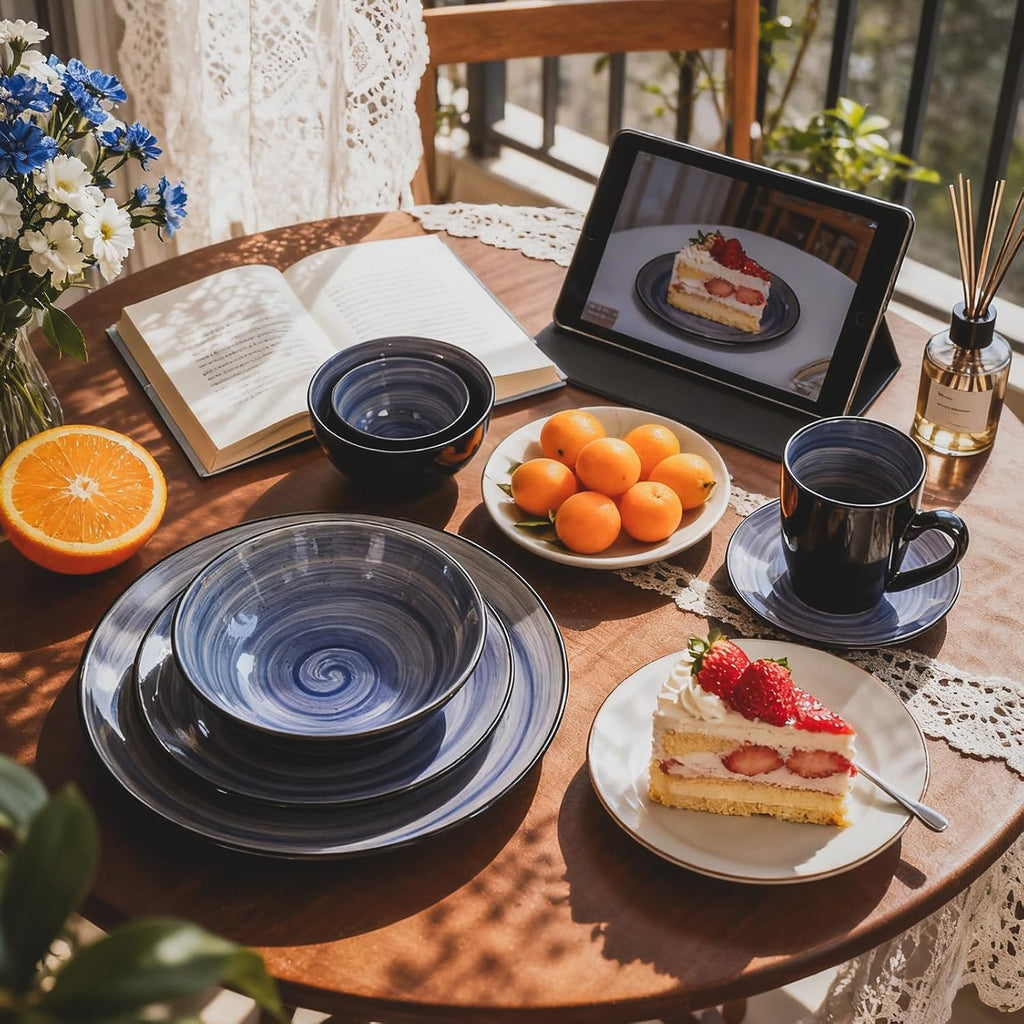 Stoneware Sonoma Dinnerware Set, Black + Speckled Handpainting (56pc Set, Cobalt)