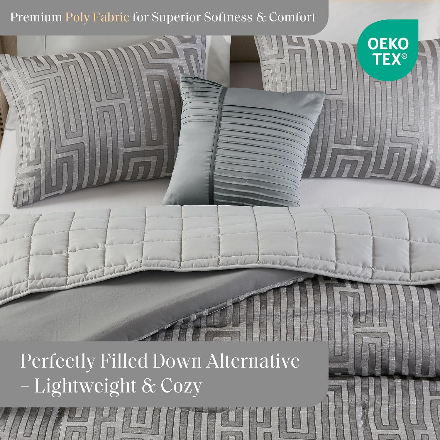 Madison Park Queen Comforter Set Jacquard Metallic Thread Comforters Queen Size Bed, All Season Comforter & Quilt Bedding Set Queen Size Comforter, Decor Pillows, Shams, Royce, Queen Grey 5 Piece