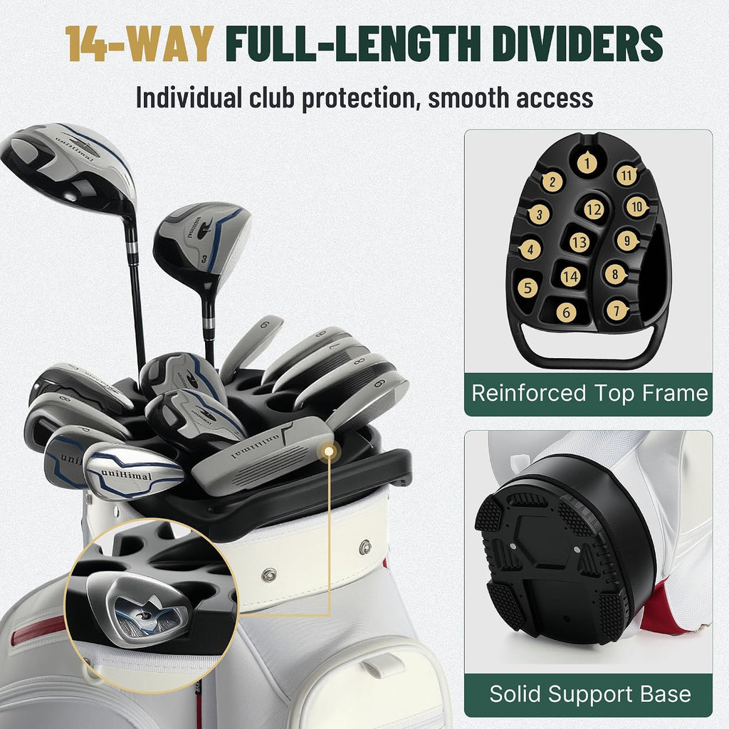 uniHimal Golf Cart Bag with 14-Way Full-Length Dividers, Golf Bag for Men Women with Magnetic Leather Pocket, Handles and Rain Cover, Lightweight Golf Club Bag Includes Cooler Pockets